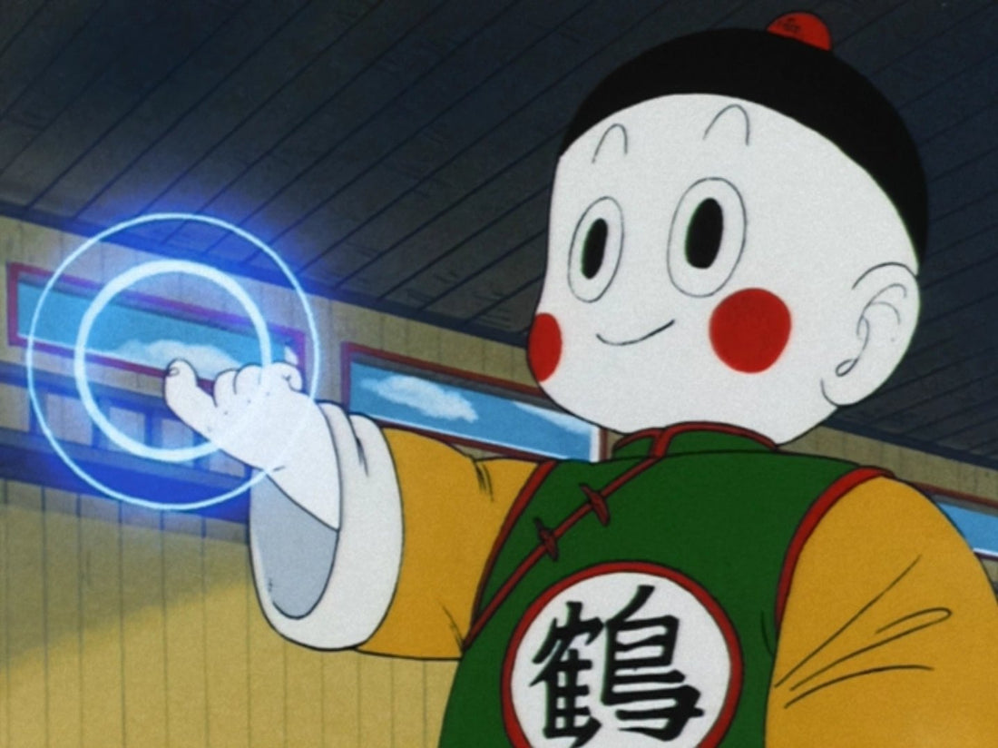 Chaoz sonriente, con una túnica verde con el kanji de la Grulla, extiende la mano, de la que salen círculos azules de telequinesis