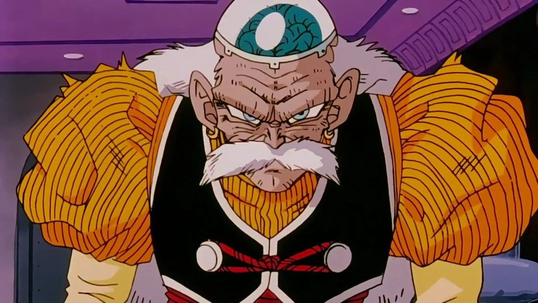 Gros plan du Dr Gero tête nue, cerveau visible sous un dôme transparent, moustache blanche, gilet noir et manches orange bouffantes, pièce violette.