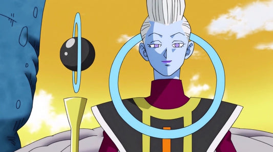 Whis souriant, peau bleu pâle et cheveux blancs dressés, anneau bleu autour du cou, près de l'orbe noir de son sceptre sur fond de ciel jaune