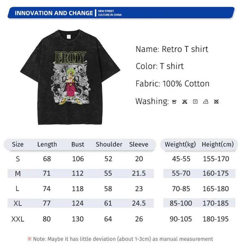 T-shirt Dragon Ball - Guide des tailles commun aux modèles, exemple Broly