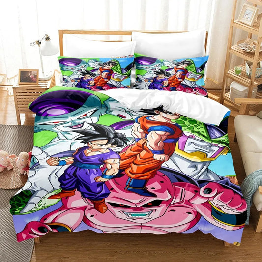 Housse de Couette Dragon Ball - Goku et Gohan face à Freezer, Cell et Majin Buu