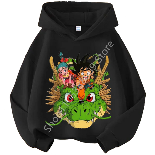 Sweat à Capuche Enfant Dragon Ball - Goku et Bulma sur Shenron - Noir
